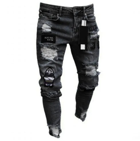 Cotton knee hole zipper trousers in black, blue, and white, mid-waist fit