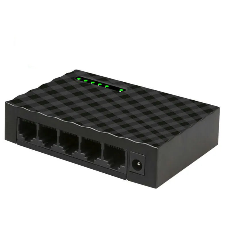 5-port Gigabit Ethernet home switch in black EU standard with LED indicators and network ports