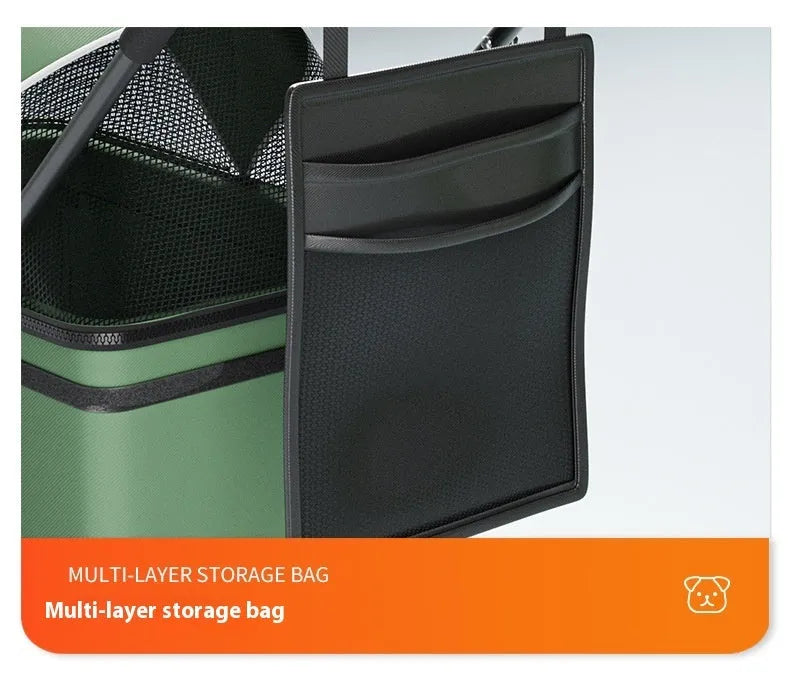 Black metal pet cart with one-click folding mechanism and detachable construction