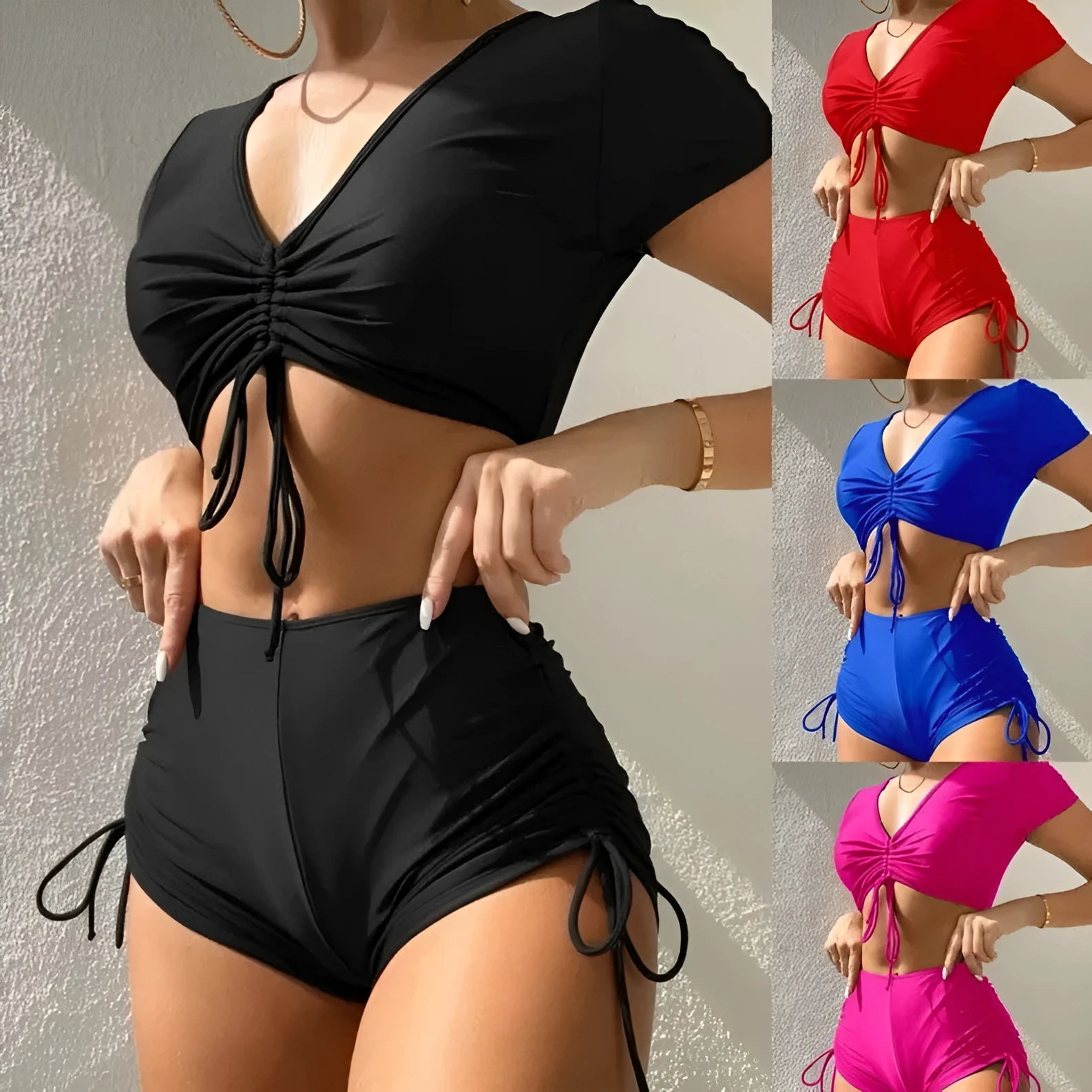 Women's dark green lace-up bow two-piece swimsuit with shorts on a mannequin