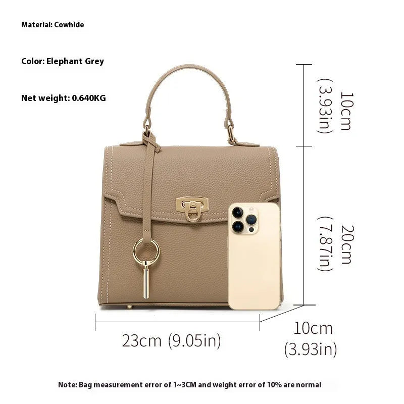 Elephant grey genuine leather vintage lock handbag with crossbody strap and square vertical shape