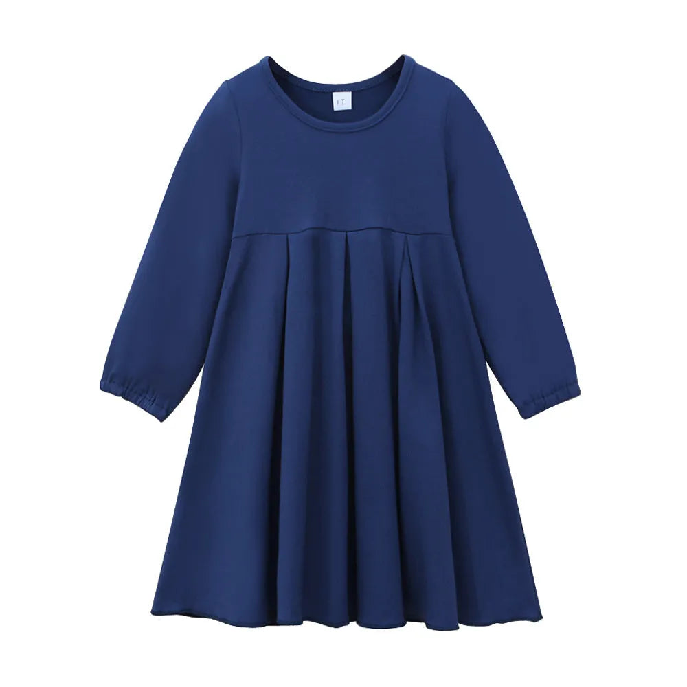 Girls cotton A-line dress and headscarf set in dark blue for heights 70-140 yards