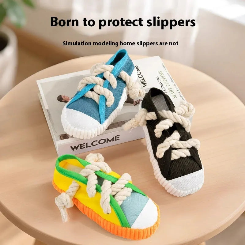 Plastic slippers-shaped dog toy with squeaker in yellow, black, or blue colour options