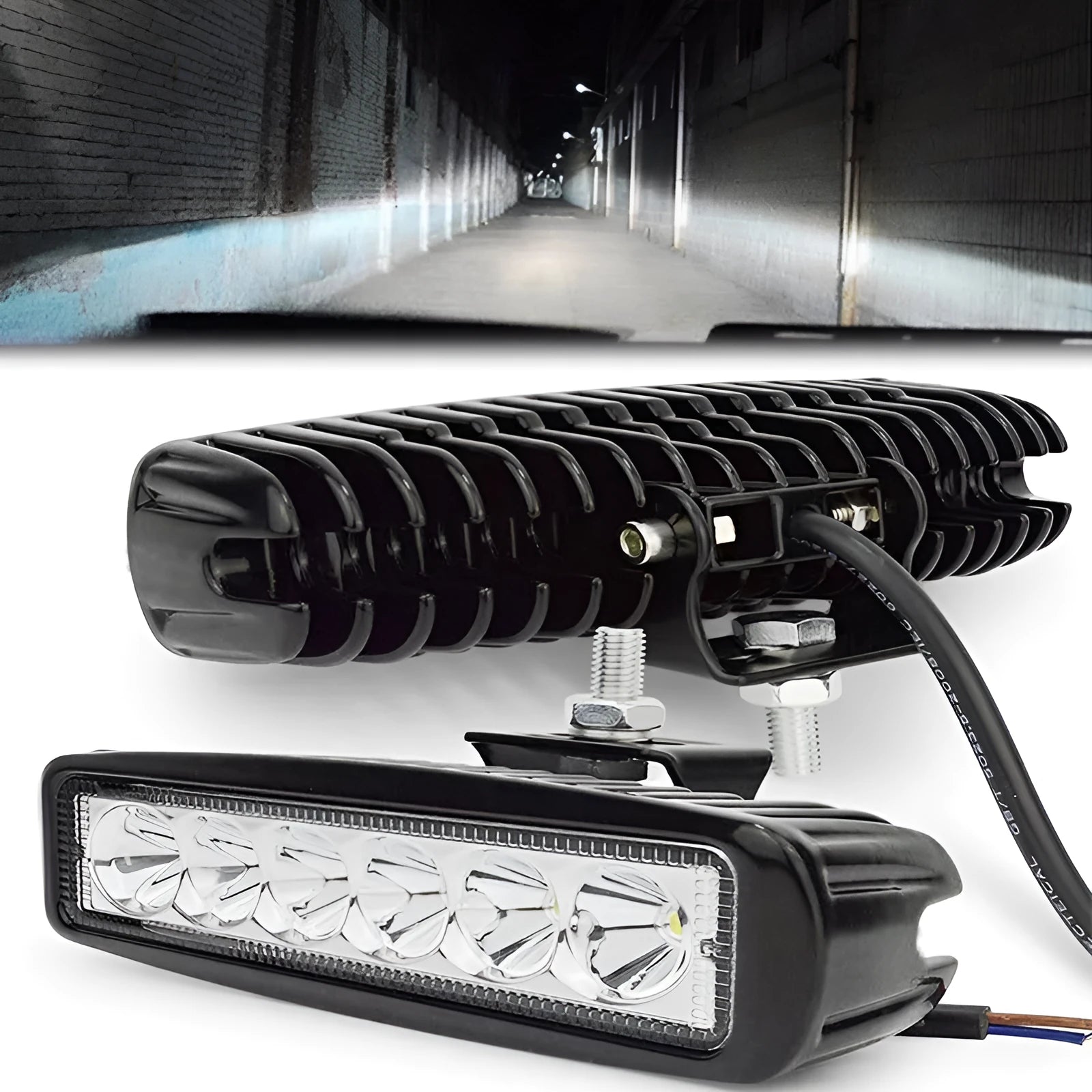 Black car auxiliary LED work light with zigzag pattern and bracket mounting