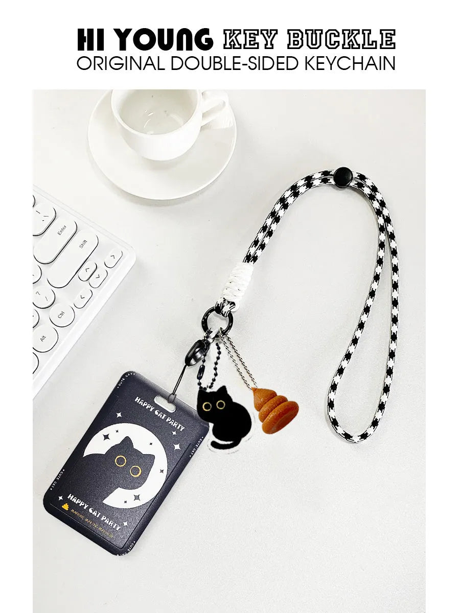 Black cat cartoon design plastic card sleeve with removable fob pendant for bus and student cards