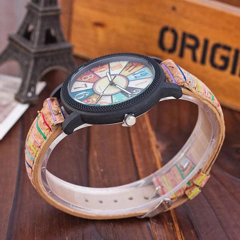Women's vintage casual quartz watch with brown leather strap and 37mm round dial