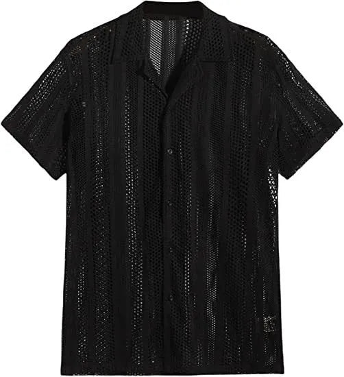Men's black and white jacquard knitted short-sleeved cardigan shirt with button front