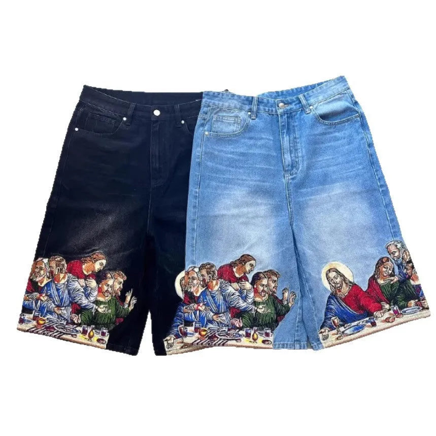 Blue cotton tapered men's shorts with a Jesus print on the back pocket.