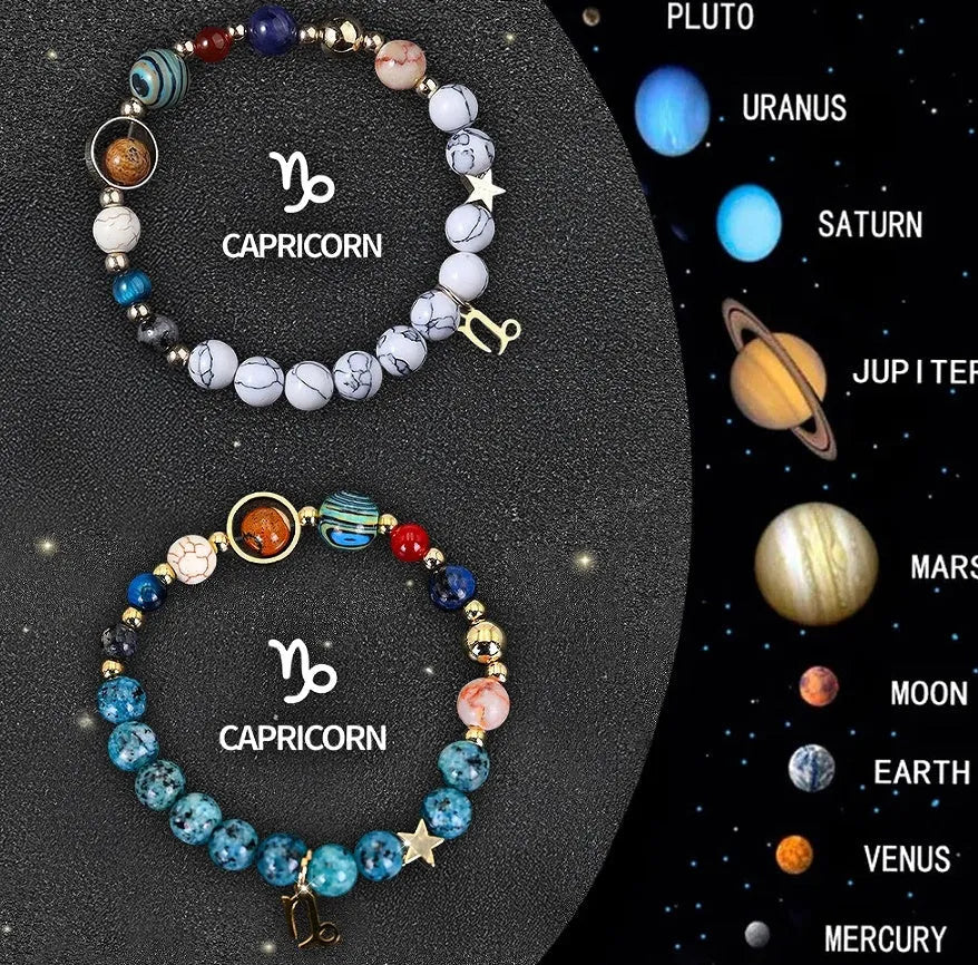 Two natural stone beaded bracelets showing different zodiac sign designs on an adjustable cord.