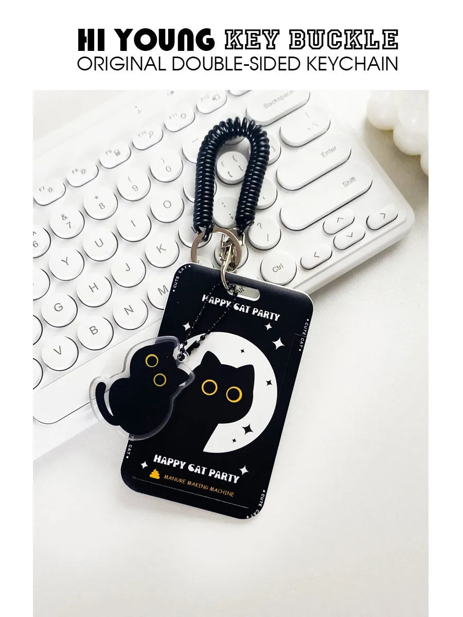 Black cat cartoon design plastic card sleeve with removable fob pendant for bus and student cards
