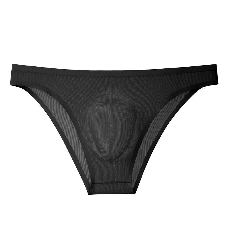 Translucent ultra-thin seamless Ice Silk men's underwear briefs in black stripes, low-waist knitted nylon construction