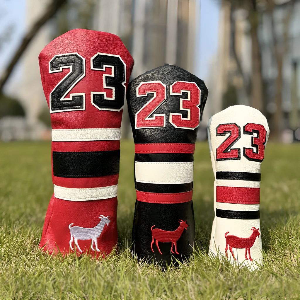 Set of four PU golf club head covers in a chosen colour for driver, fairway wood, UT iron, and Square putter.