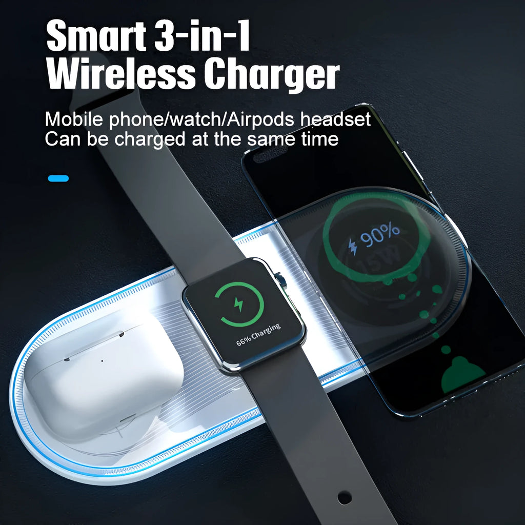 Flat 3-in-1 wireless charger 15W with ambient light in Black, charging a smartphone and earbuds on a desk
