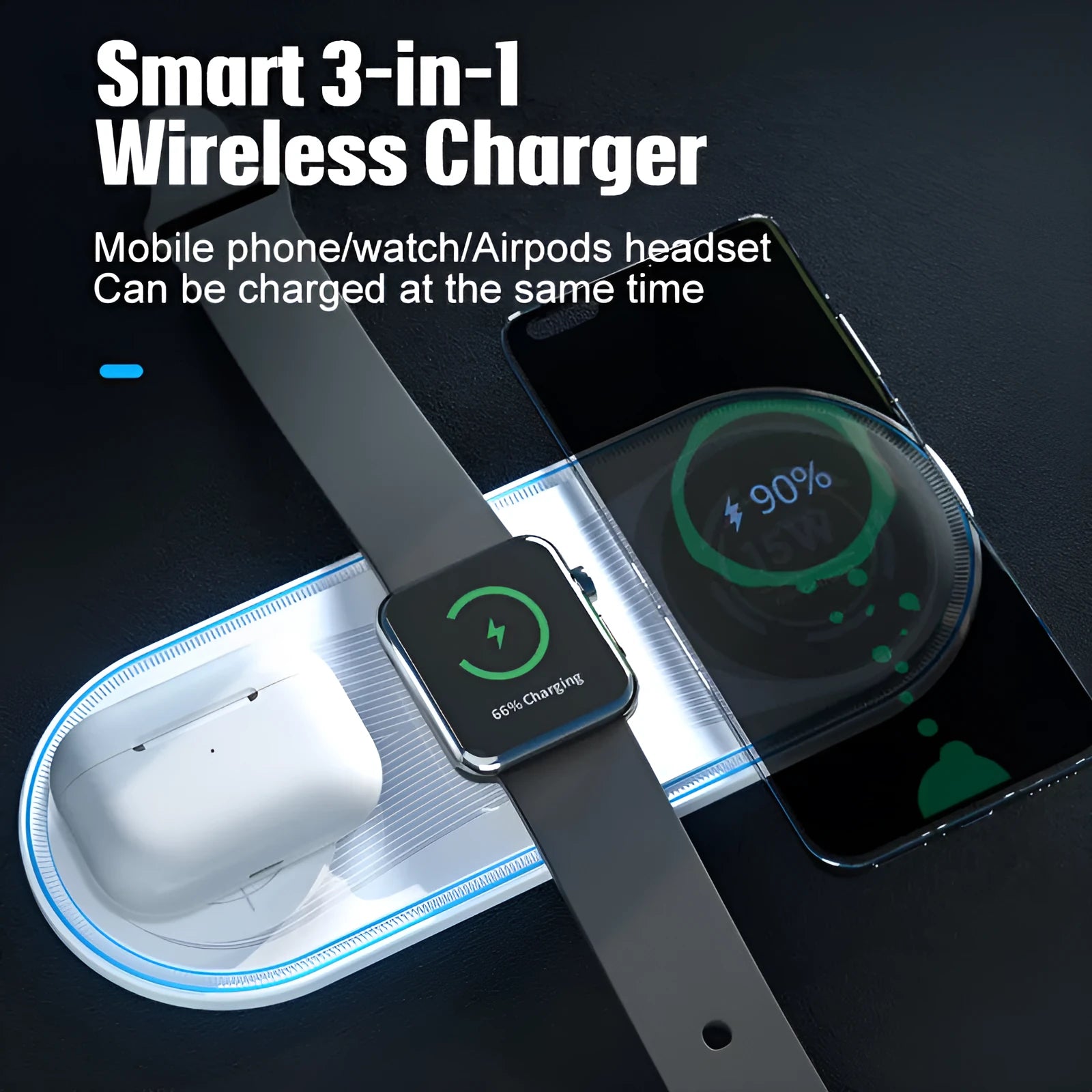 Flat 3-in-1 wireless charger 15W with ambient light in Black, charging a smartphone and earbuds on a desk