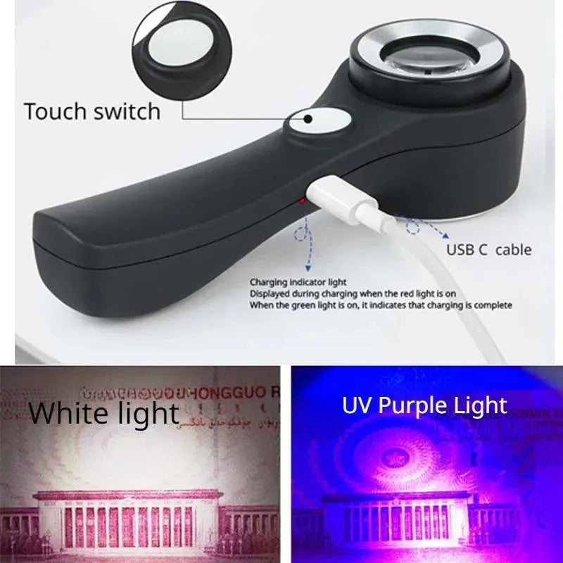 Black and silver metallic appraisal magnifying glass with 30mm optical glass lens and USB-C cable.