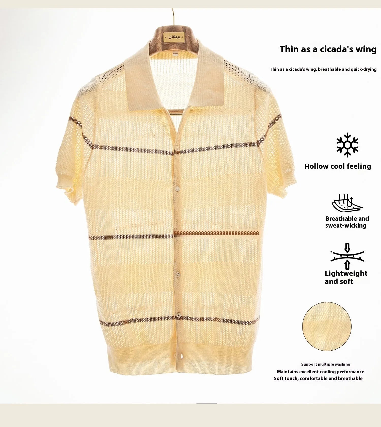 Camel coloured short sleeve knitted cardigan with lapel collar laid flat