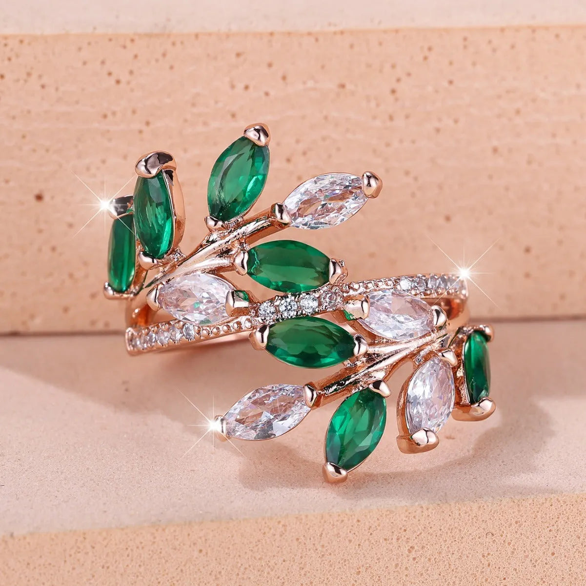 Adjustable horse eye zircon leaf ring in copper with leaf shape design and multiple colour finish options