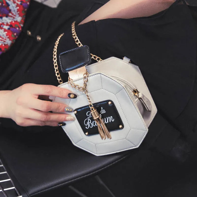 Mini chain crossbody bag women's round PU medium shoulder bag with printed letters and zipper closure in black