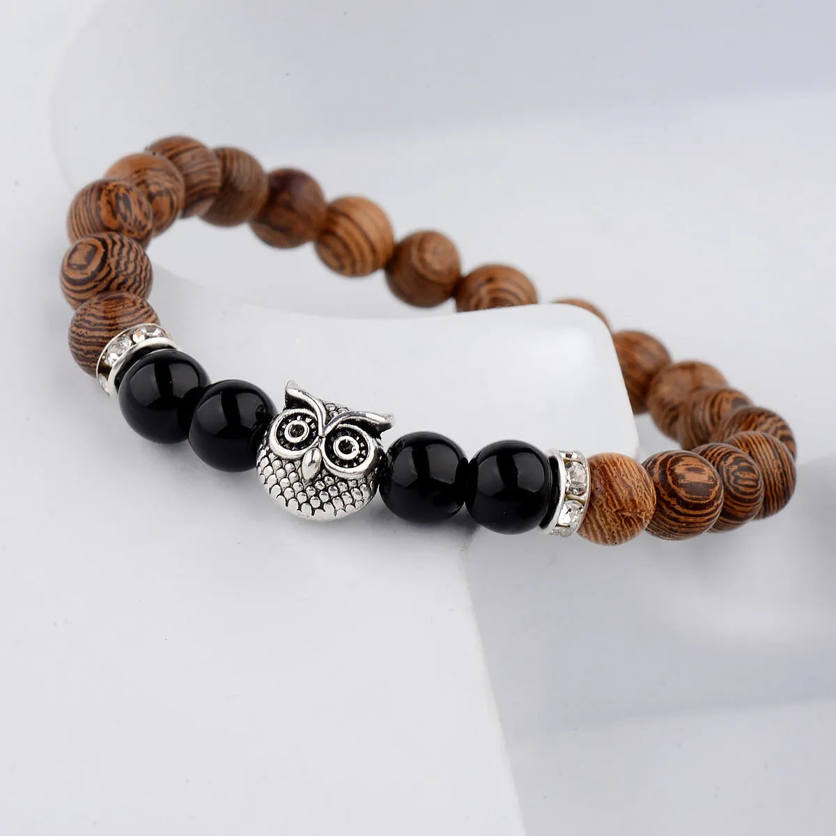 Owl frosted stone lifeline wood grain bracelet with wood beads alloy stone in black and gold colour options