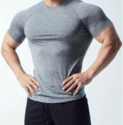 Men's black stretch quick-drying short sleeve polyester t-shirt for running.