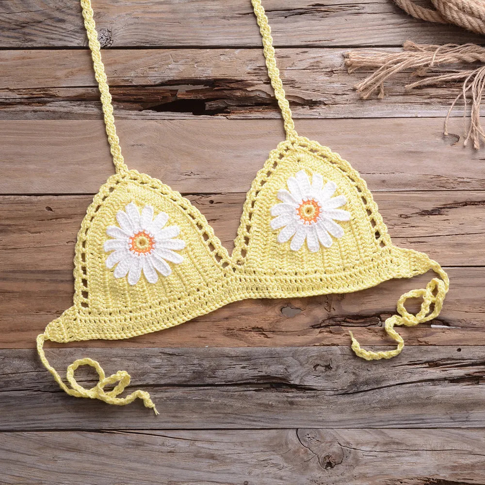 Two-piece bikini set in cotton blended fabric, available in eight colours including black, white, khaki, blue, light blue, orange, red, yellow