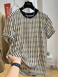 Black men's casual shirt with white stripes, loose fit with short sleeves, made from silk and linen.