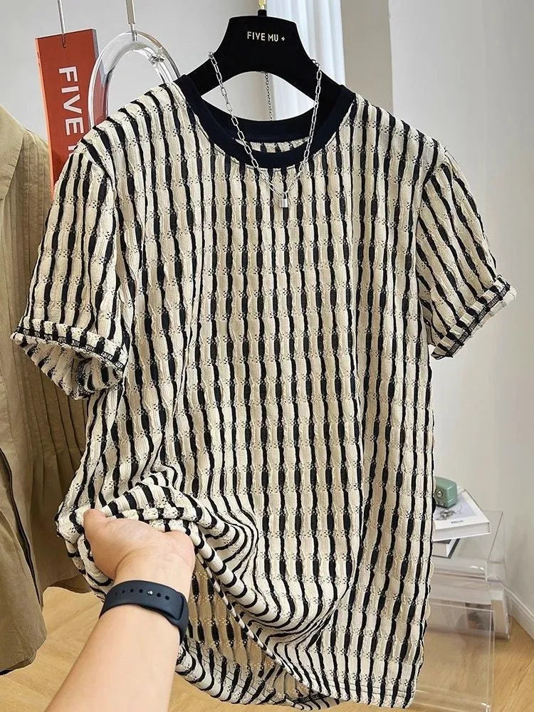 Black men's casual shirt with white stripes, loose fit with short sleeves, made from silk and linen.