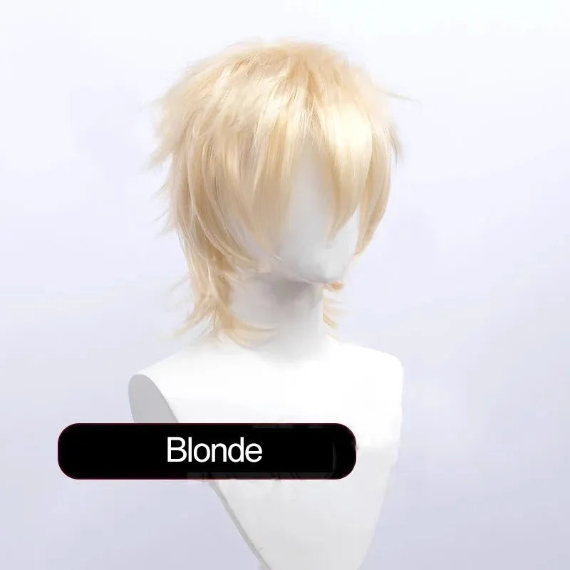 A short hairstyle Anime cosplay wig for men on a stand, shown in a vibrant colour.