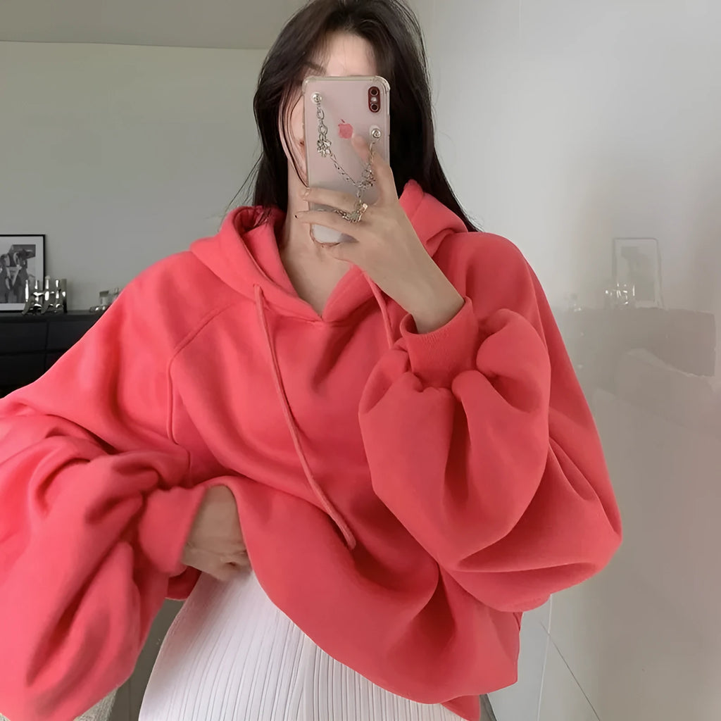 Women's watermelon red sleeveless hooded pullover sweater in loose fit made from mulberry silk