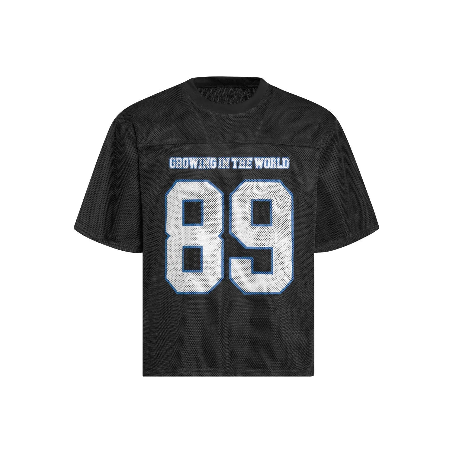Black loose-fit t-shirt with white alphanumeric graphic print on the front.