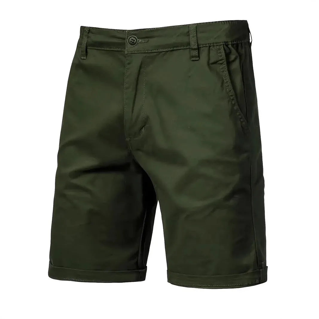 Straight-leg cotton camping shorts in khaki, with zip placket and mid waist, for teenage outdoor leisure