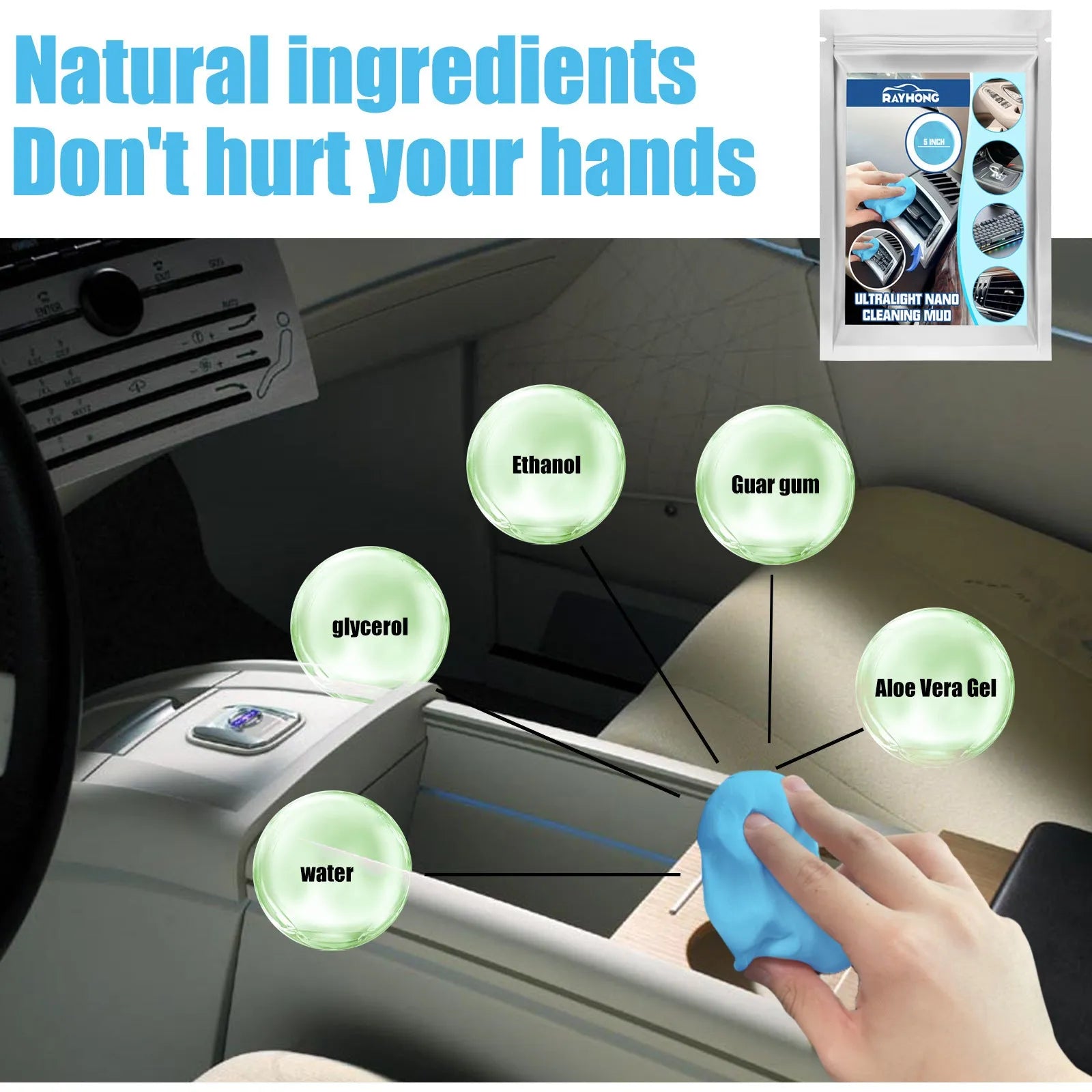 Car interior cleaning mud for dust removal from vents and gaps.