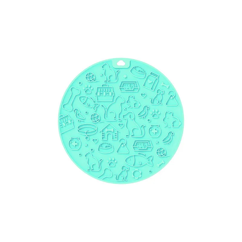 Round silicone pet licking mat with suction cup, shown in blue colour.