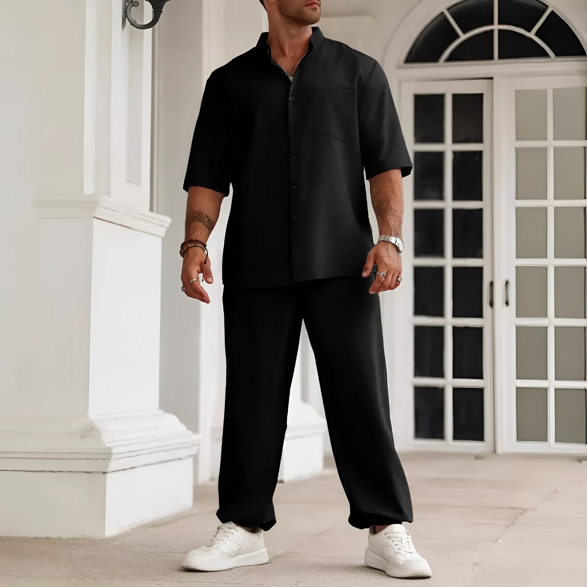 Men's casual cotton linen trousers set with short-sleeved shirt in three colour options