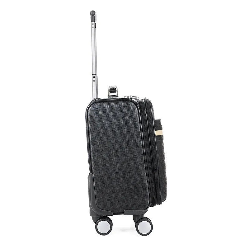 Black PU leather business case with wheels and integrated lock, 18-inch size