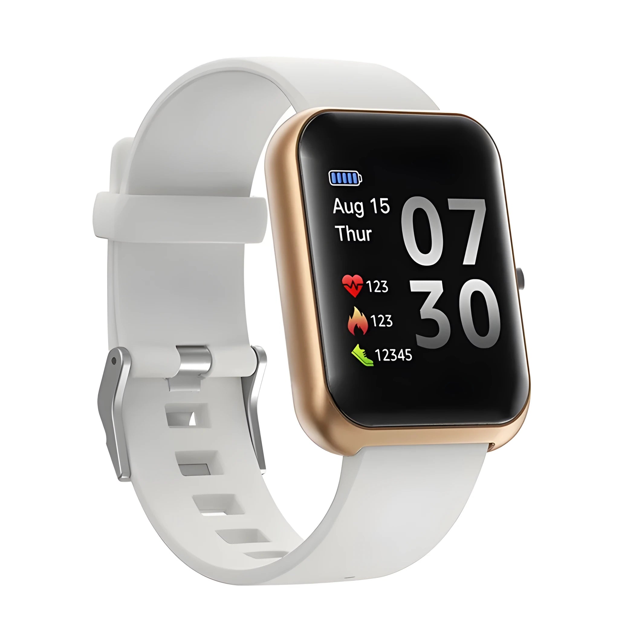 Square smartwatch with silicone strap and aluminium case in multiple colours