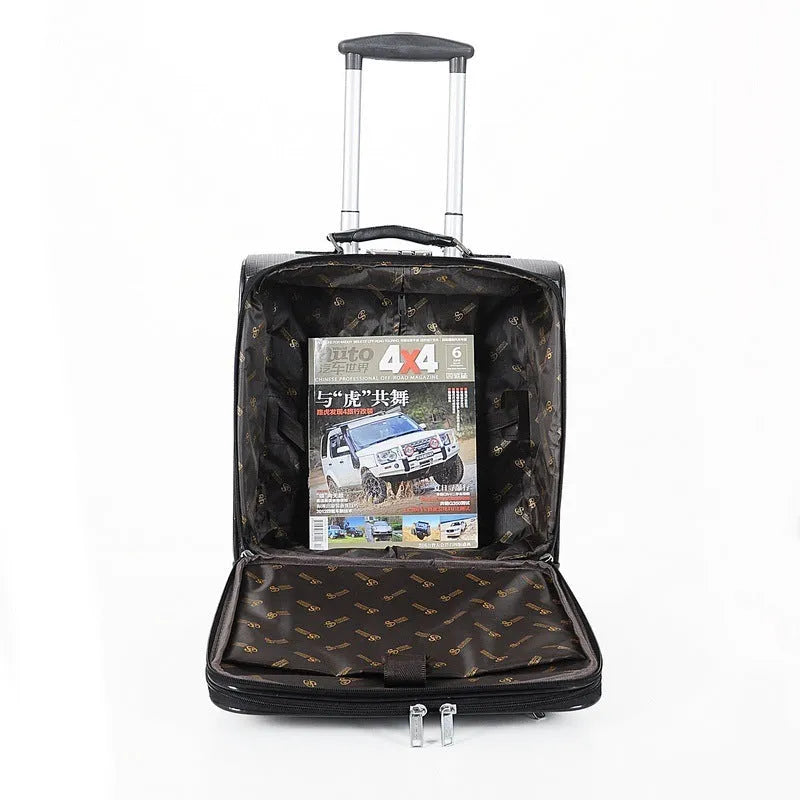 Black PU leather business case with wheels and integrated lock, 18-inch size