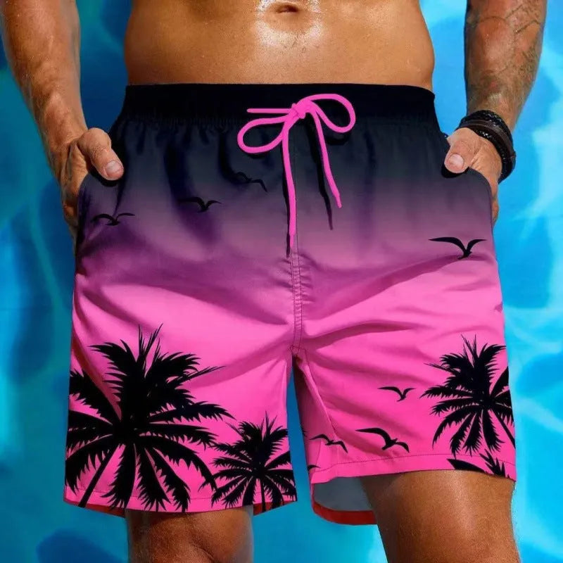 Man's ethnic style loose fit swimming trunks in a solid colour on a neutral background.
