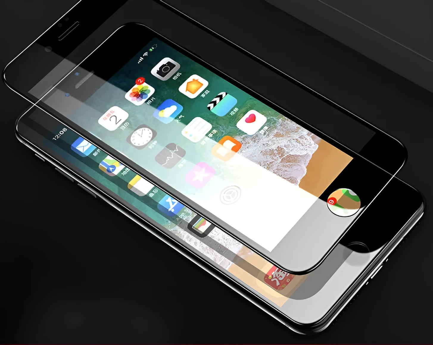 Tempered glass screen protector with carbon fibre edge for iPhone models on a dark surface