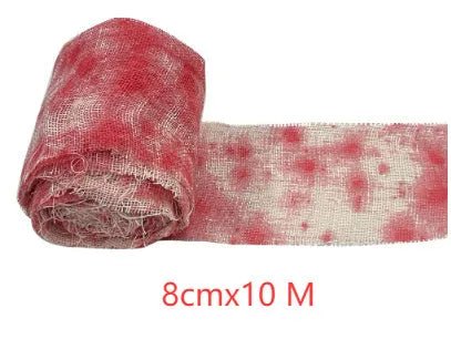 Roll of polyester Halloween horror bandage in bloody cloth red colour, 8cm wide
