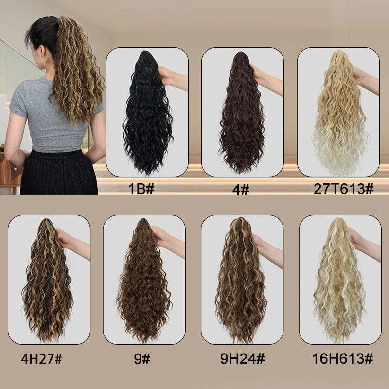 A corn curl ponytail wig with a water ripple grip texture, shown in a dark brown 1B colour, featuring a hair clip attachment.
