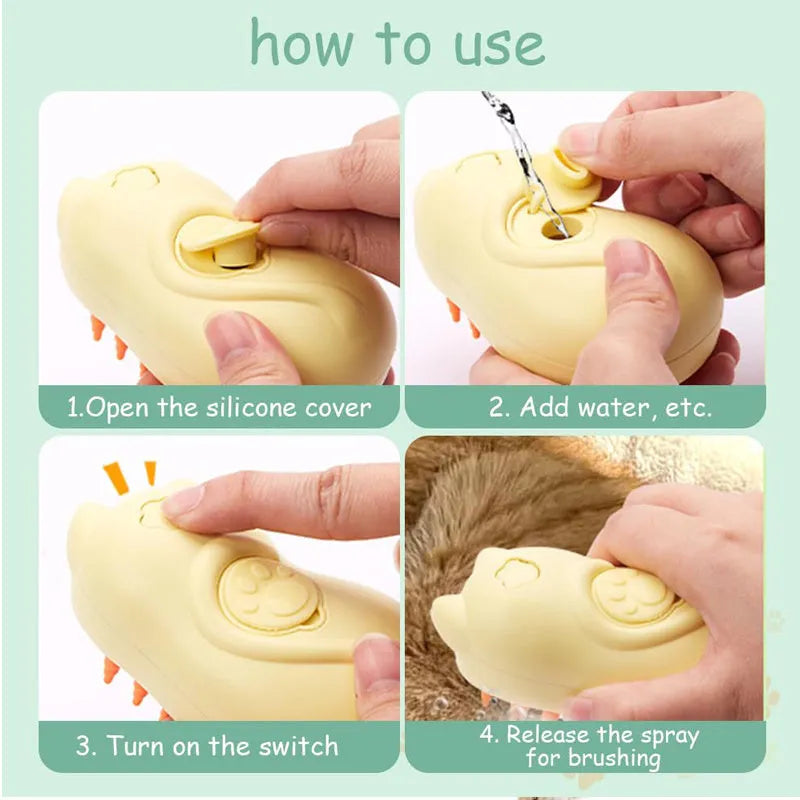 Cat Steamy Brush 3-in-1 pet grooming tool with steam spray function on a table.