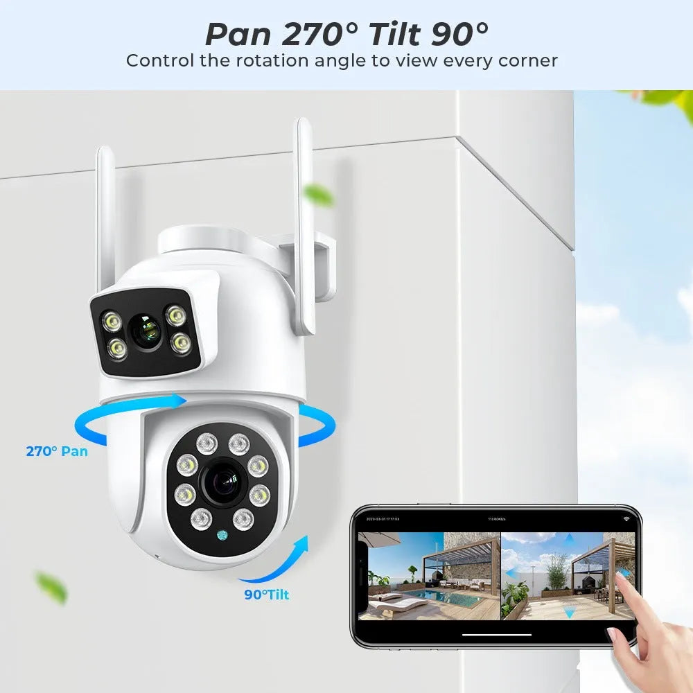 White icsee 600W wireless surveillance camera with dual lens gun ball linkage design and bracket