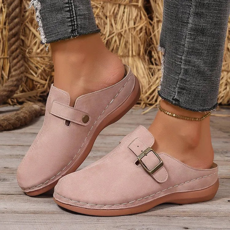 Women's casual wedge slipper in light brown with cloth upper and rubber sole