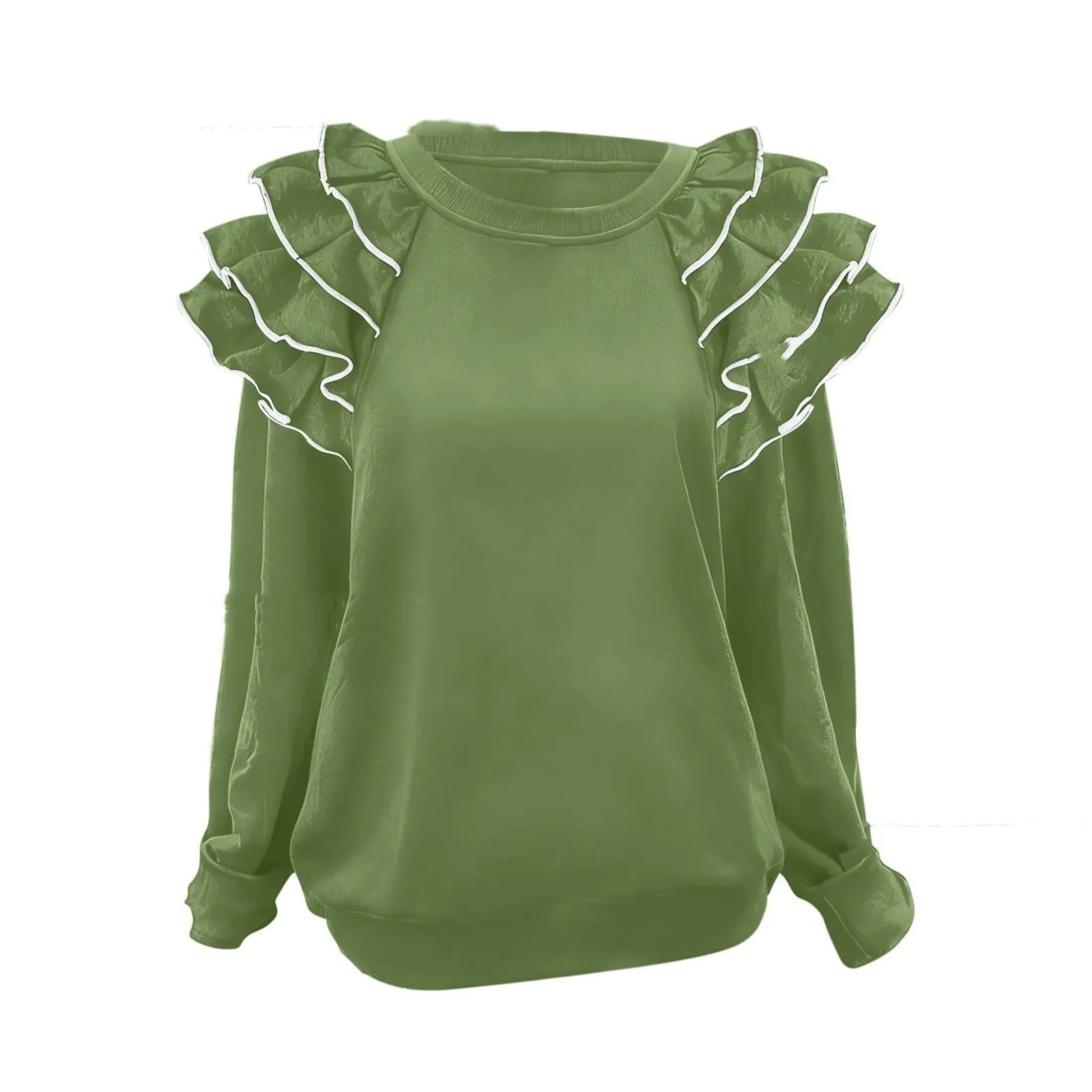 Women's polyester ruffle top in military green pullover style with regular sleeves