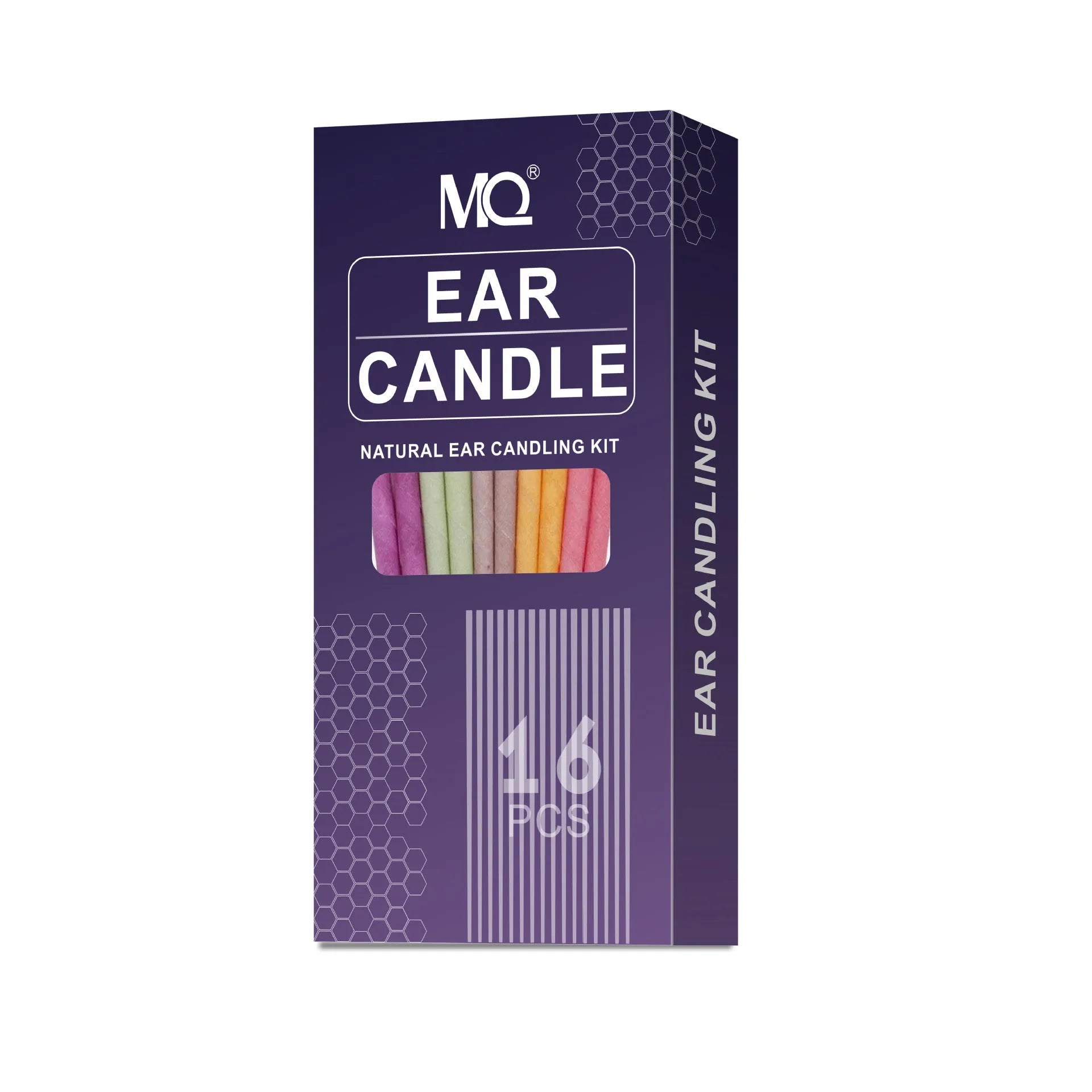 Ear candling kit showing assorted coloured candles, protection boards, and cotton swabs.