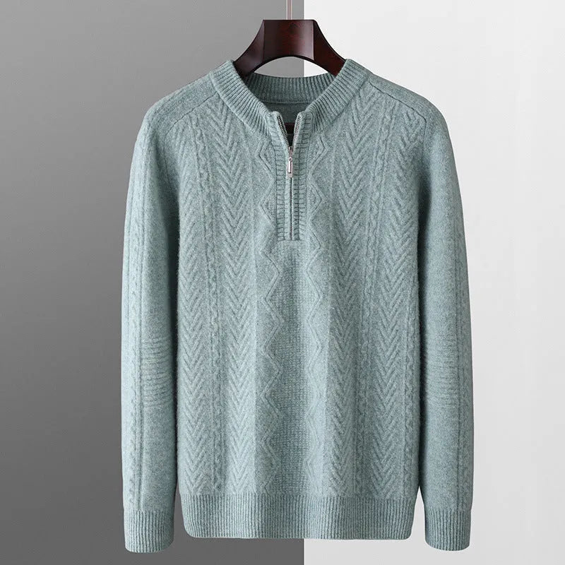 Men's grey pure wool half-zip sweater with diamond lattice pattern, loose fit, long sleeves.