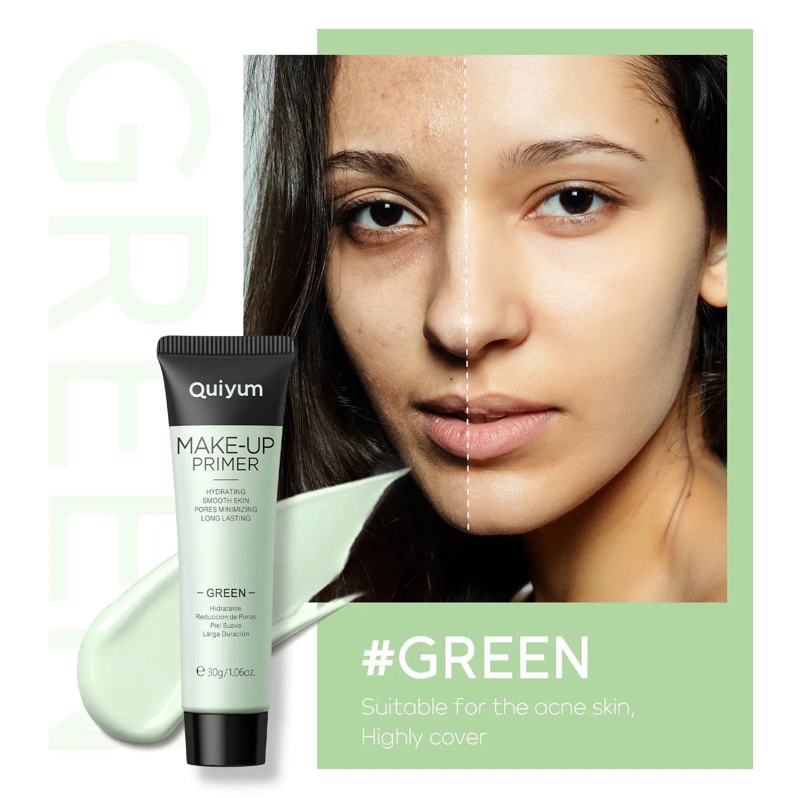 Colour-correcting moisturising makeup primer in 30g container with green, pink, and purple shade options