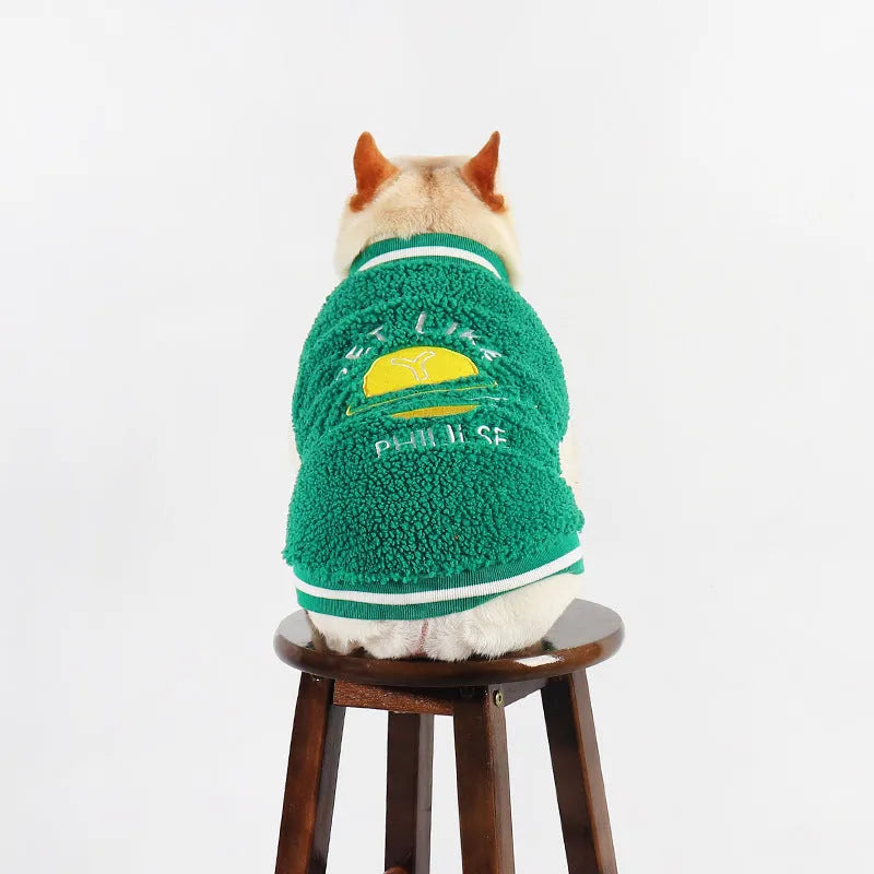 Green fleece-lined dog jumper coat for winter warmth in large to extra-extra-large sizes