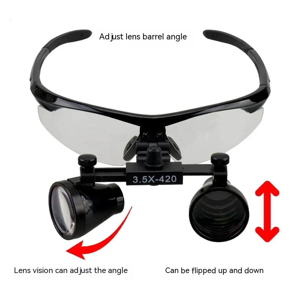 Black head-mounted LED magnifying glass for dental work with 2.5X magnification and adjustable headlight